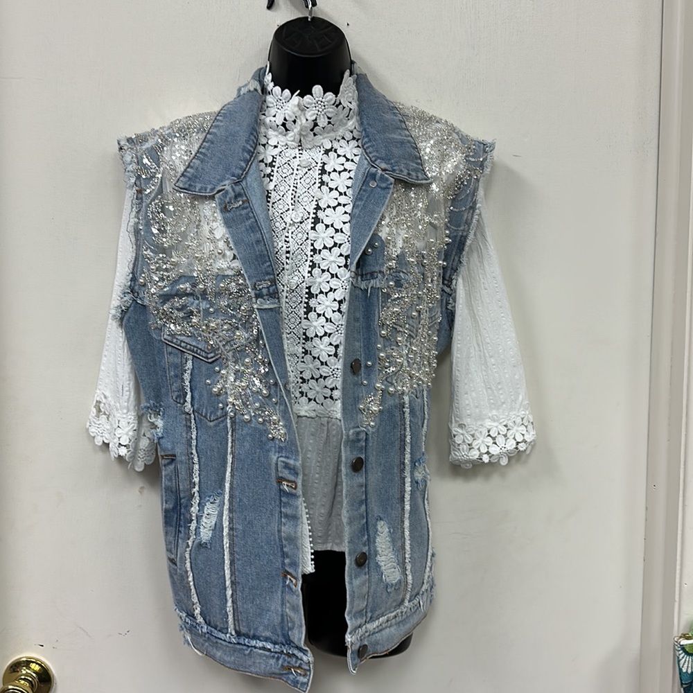 Denim Lace and pearl vest
